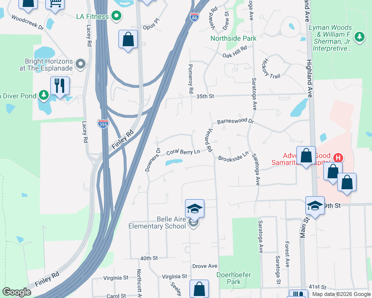 map of restaurants, bars, coffee shops, grocery stores, and more near 1460 Coral Berry Lane in Downers Grove