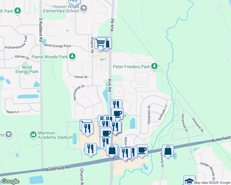map of restaurants, bars, coffee shops, grocery stores, and more near 3205 Longwood Lane in Aurora