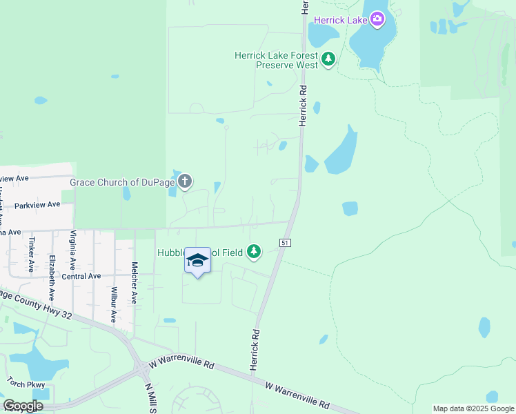 map of restaurants, bars, coffee shops, grocery stores, and more near 27W154 Galusha Avenue in Warrenville