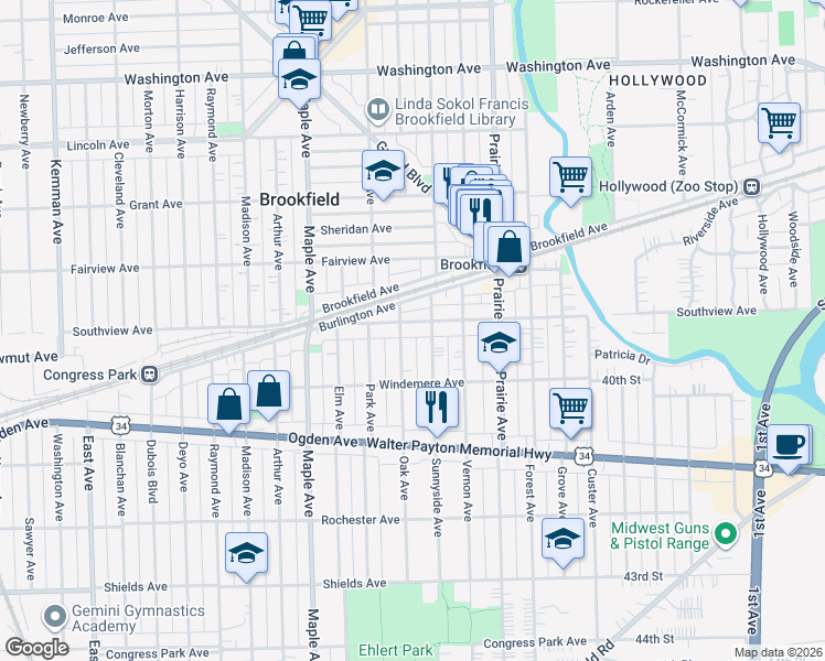 map of restaurants, bars, coffee shops, grocery stores, and more near 9015 Southview Avenue in Brookfield