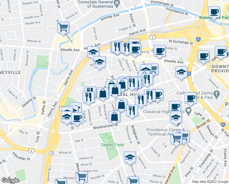 map of restaurants, bars, coffee shops, grocery stores, and more near 58 Grove Street in Providence