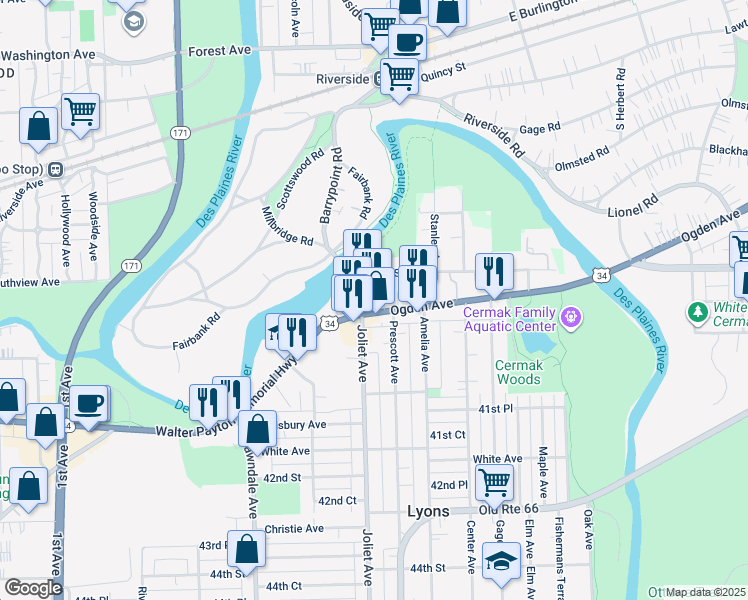 map of restaurants, bars, coffee shops, grocery stores, and more near 7942 Ogden Avenue in Lyons