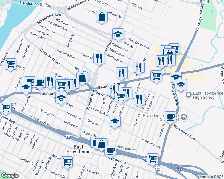 map of restaurants, bars, coffee shops, grocery stores, and more near 12 Cora St in East Providence