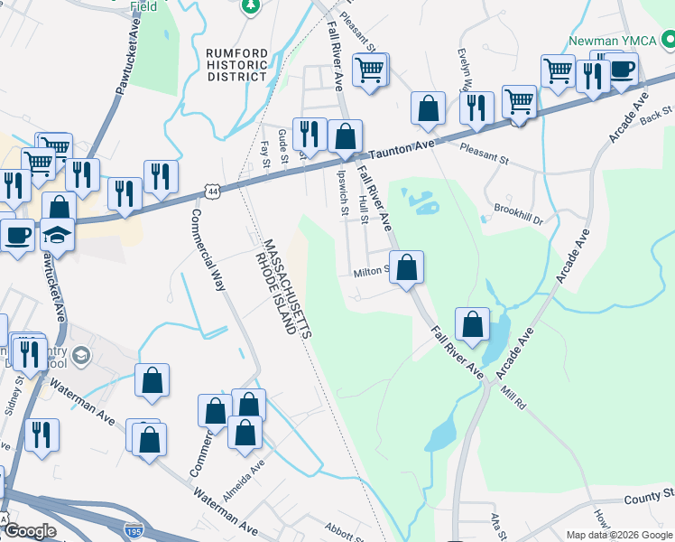 map of restaurants, bars, coffee shops, grocery stores, and more near 63 Milton Street in Seekonk
