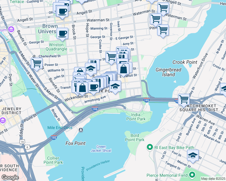 map of restaurants, bars, coffee shops, grocery stores, and more near Wickenden Street & Governor Street in Providence