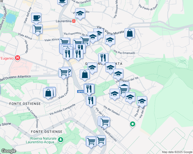 map of restaurants, bars, coffee shops, grocery stores, and more near 67 Via degli Artificieri in Roma