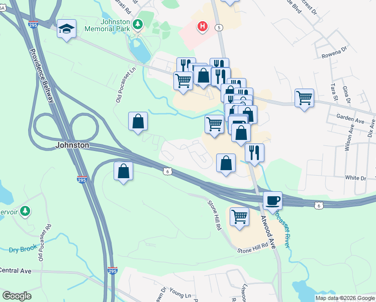 map of restaurants, bars, coffee shops, grocery stores, and more near 220 Constitution Court in Johnston