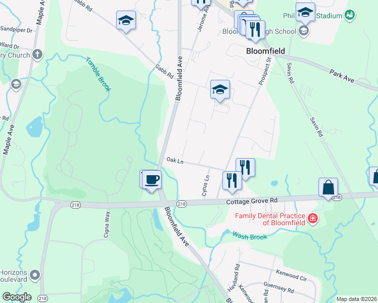 map of restaurants, bars, coffee shops, grocery stores, and more near 6 Utley Road in Bloomfield