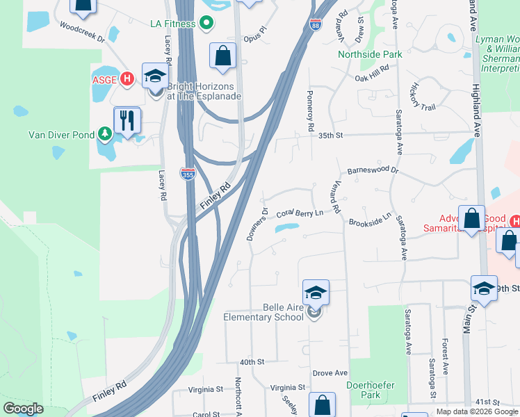 map of restaurants, bars, coffee shops, grocery stores, and more near 3700 Downers Drive in Downers Grove