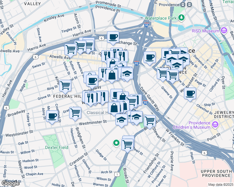 map of restaurants, bars, coffee shops, grocery stores, and more near 3 Cargill Street in Providence