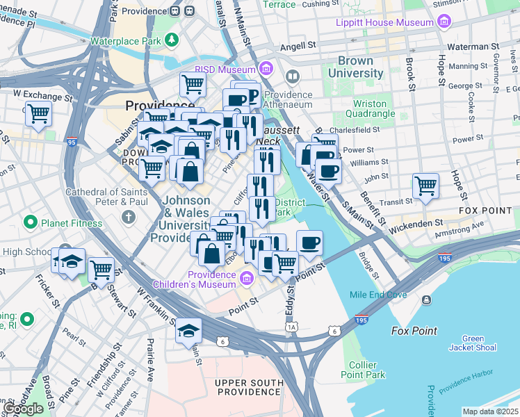 map of restaurants, bars, coffee shops, grocery stores, and more near 225 Dyer Street in Providence