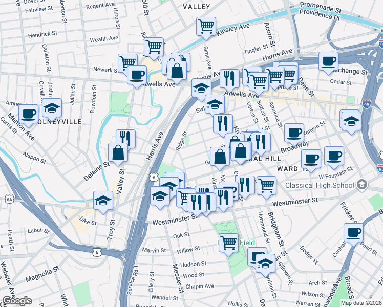 map of restaurants, bars, coffee shops, grocery stores, and more near 102 Ring Street in Providence