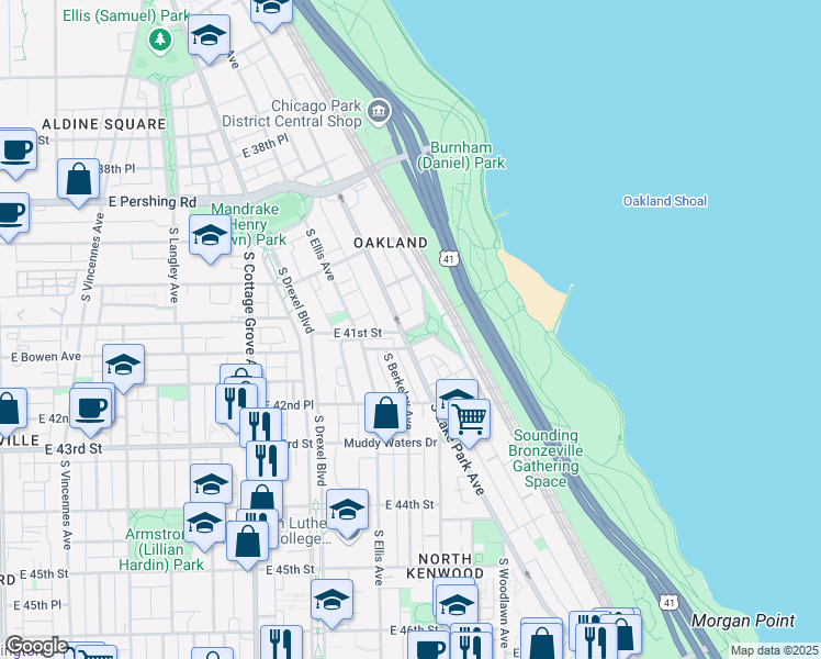 map of restaurants, bars, coffee shops, grocery stores, and more near 1060 East 41st Street in Chicago