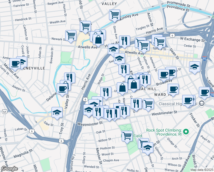 map of restaurants, bars, coffee shops, grocery stores, and more near 107 Ring Street in Providence