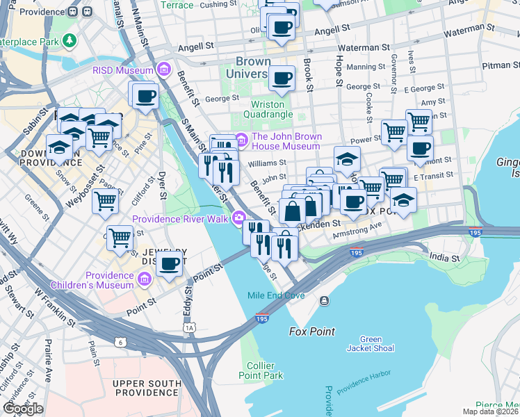 map of restaurants, bars, coffee shops, grocery stores, and more near 414 Benefit Street in Providence