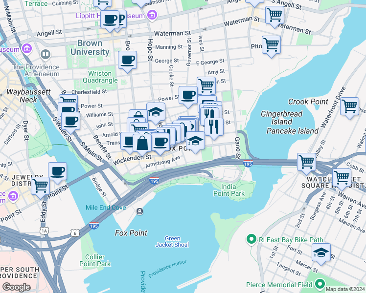 map of restaurants, bars, coffee shops, grocery stores, and more near in Providence