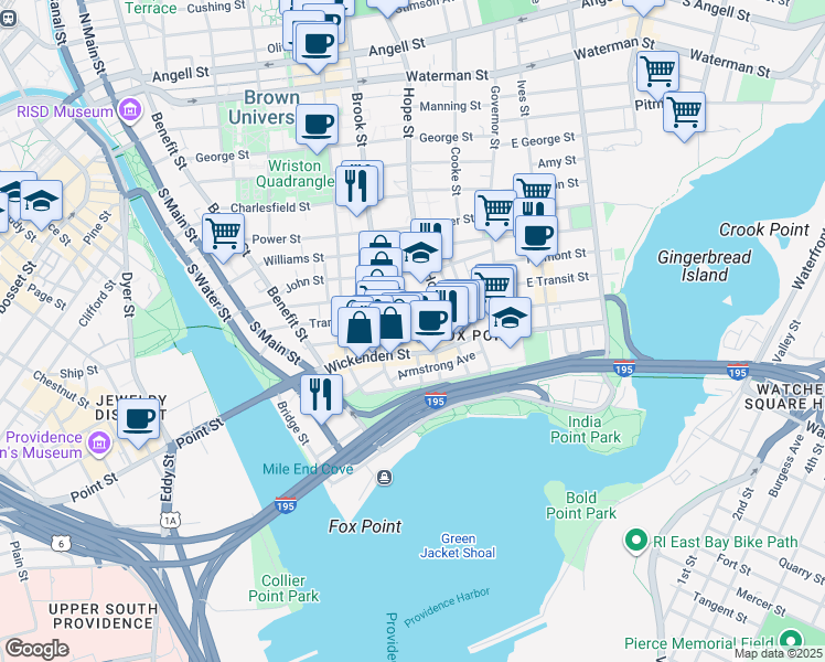 map of restaurants, bars, coffee shops, grocery stores, and more near 105 Sheldon Street in Providence