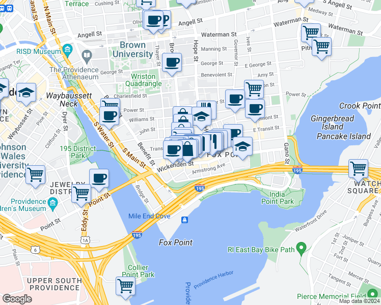 map of restaurants, bars, coffee shops, grocery stores, and more near 105 Sheldon Street in Providence