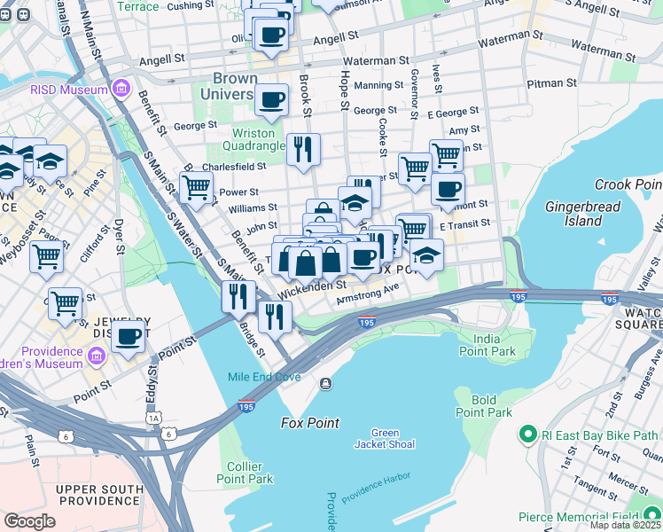 map of restaurants, bars, coffee shops, grocery stores, and more near 128 Brook Street in Providence