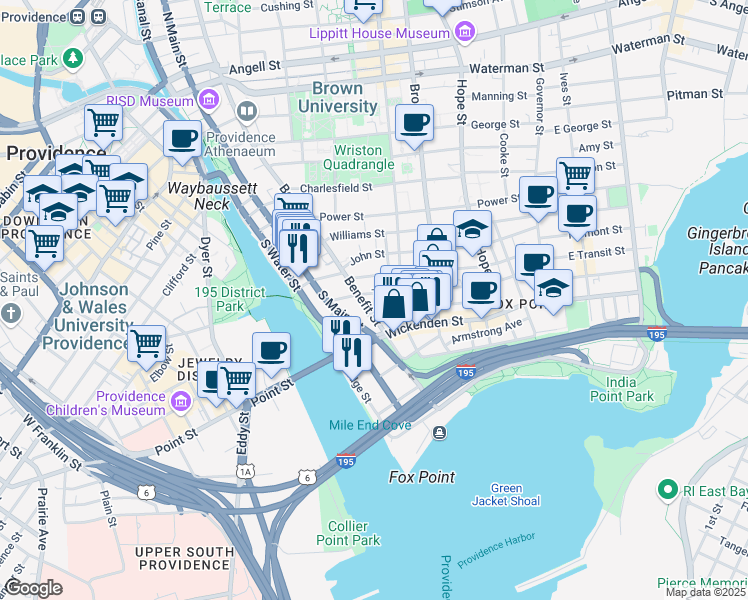 map of restaurants, bars, coffee shops, grocery stores, and more near 414 Benefit Street in Providence