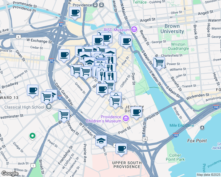 map of restaurants, bars, coffee shops, grocery stores, and more near 165-215 Pine Street in Providence