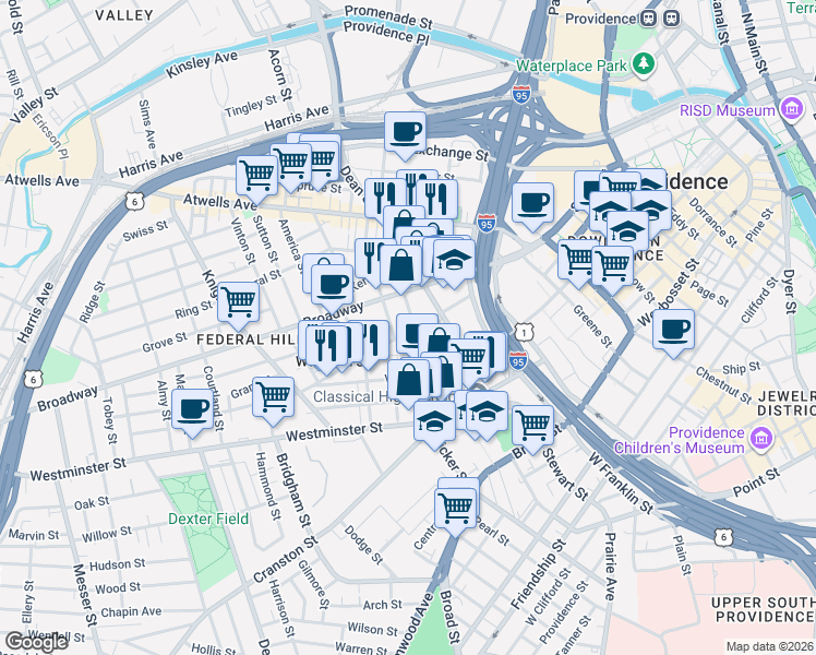 map of restaurants, bars, coffee shops, grocery stores, and more near 8 Cargill Street in Providence