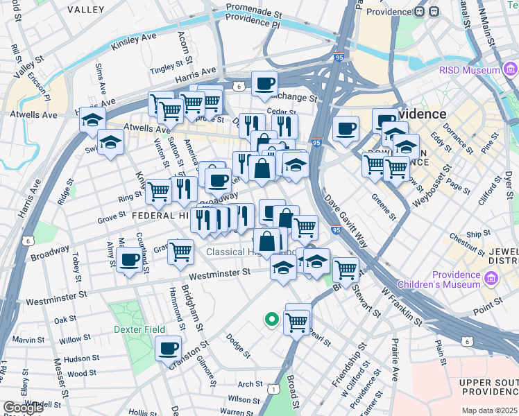 map of restaurants, bars, coffee shops, grocery stores, and more near 3 Pallas Street in Providence