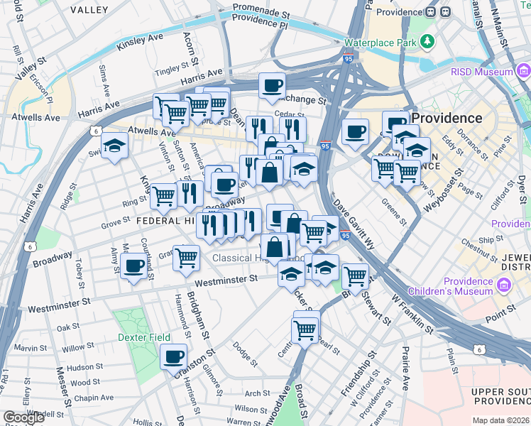 map of restaurants, bars, coffee shops, grocery stores, and more near 3 Pallas Street in Providence