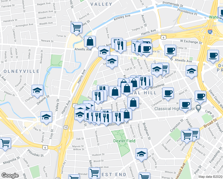 map of restaurants, bars, coffee shops, grocery stores, and more near 119 Grove Street in Providence
