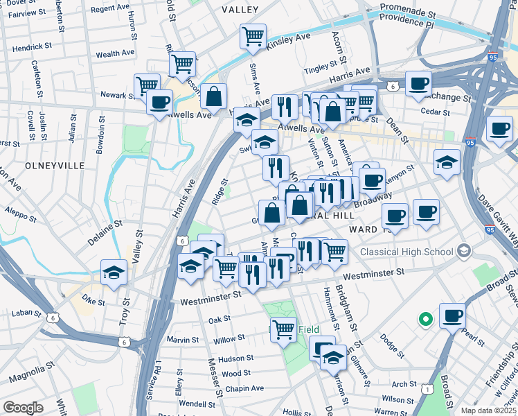 map of restaurants, bars, coffee shops, grocery stores, and more near 119 Grove Street in Providence
