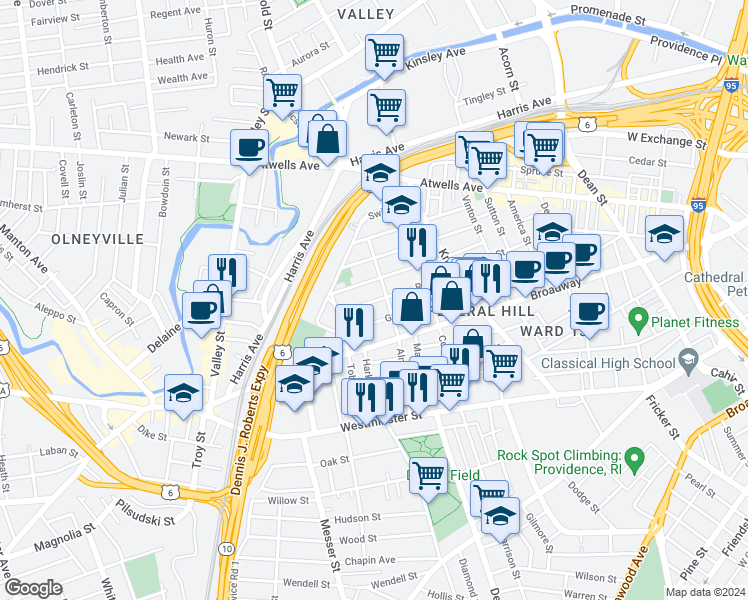 map of restaurants, bars, coffee shops, grocery stores, and more near 102 Ring Street in Providence