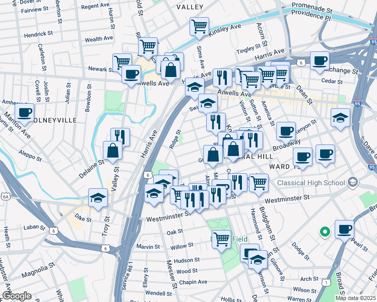 map of restaurants, bars, coffee shops, grocery stores, and more near 102 Ring Street in Providence