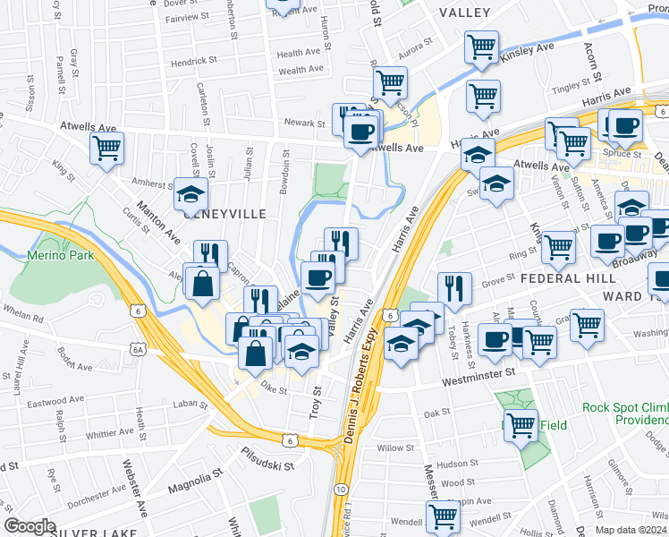 map of restaurants, bars, coffee shops, grocery stores, and more near 110 Valley Street in Providence
