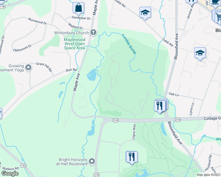 map of restaurants, bars, coffee shops, grocery stores, and more near 40 Bay Hill Drive in Bloomfield