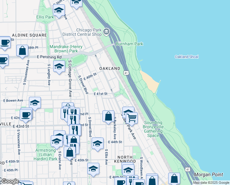 map of restaurants, bars, coffee shops, grocery stores, and more near 4101 South Lake Park Avenue in Chicago