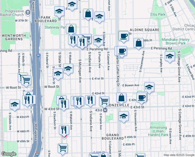 map of restaurants, bars, coffee shops, grocery stores, and more near 4105 South Indiana Avenue in Chicago