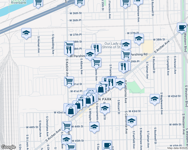 map of restaurants, bars, coffee shops, grocery stores, and more near 3020 West 40th Place in Chicago