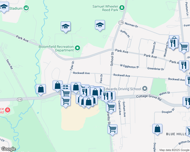 map of restaurants, bars, coffee shops, grocery stores, and more near 3 Arthur Drive in Bloomfield