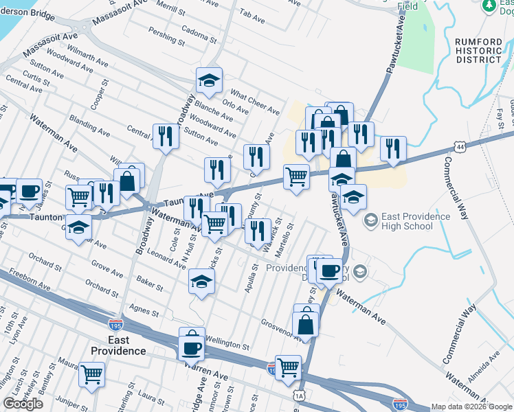 map of restaurants, bars, coffee shops, grocery stores, and more near 62 Oxford Street in East Providence