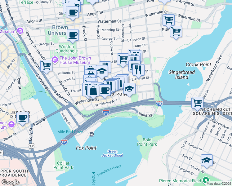 map of restaurants, bars, coffee shops, grocery stores, and more near in Providence