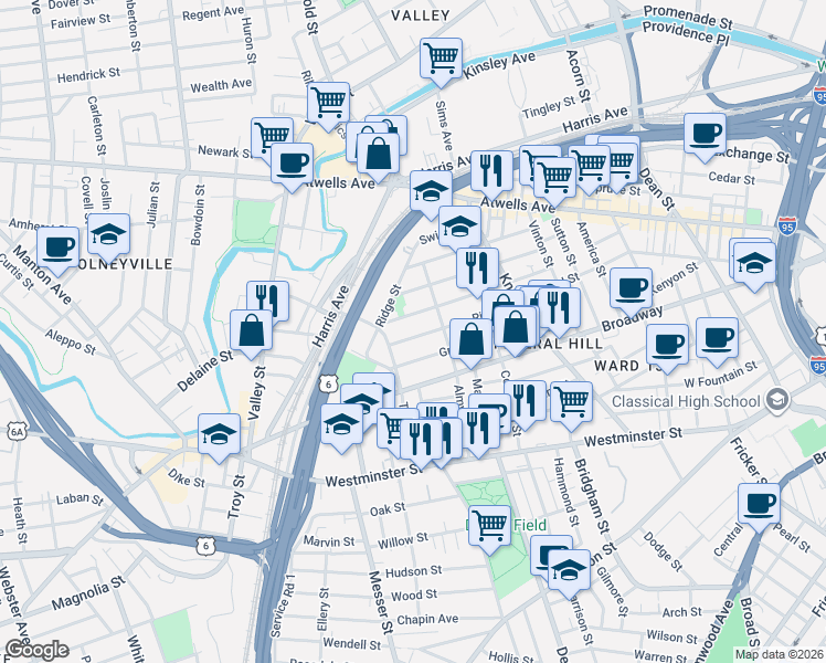 map of restaurants, bars, coffee shops, grocery stores, and more near 102 Ring Street in Providence