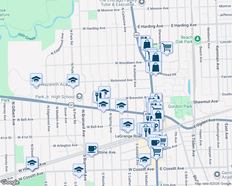 map of restaurants, bars, coffee shops, grocery stores, and more near 309 North Kensington Avenue in La Grange Park