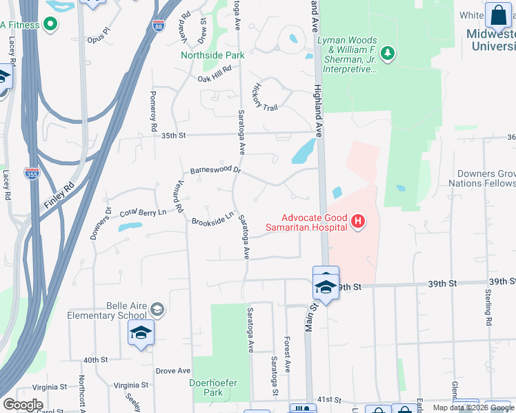 map of restaurants, bars, coffee shops, grocery stores, and more near 3649 Creekwood Court in Downers Grove
