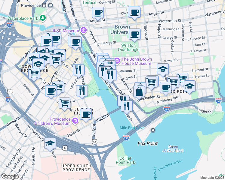 map of restaurants, bars, coffee shops, grocery stores, and more near South Water Street in Providence