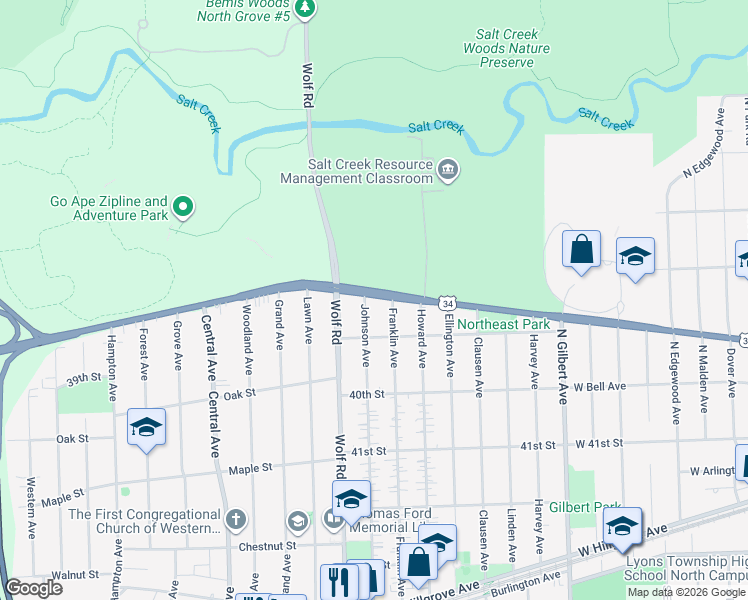 map of restaurants, bars, coffee shops, grocery stores, and more near 3809 Johnson Avenue in Western Springs