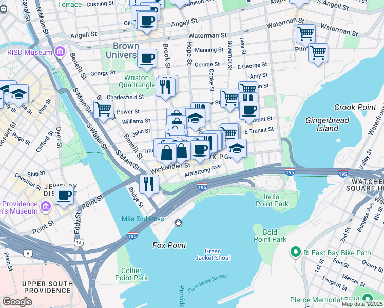 map of restaurants, bars, coffee shops, grocery stores, and more near 104 Sheldon Street in Providence