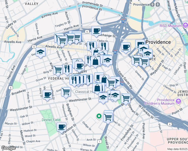 map of restaurants, bars, coffee shops, grocery stores, and more near 3 Pallas Street in Providence