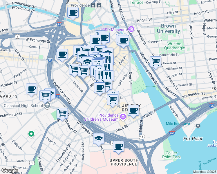 map of restaurants, bars, coffee shops, grocery stores, and more near 165-215 Pine Street in Providence