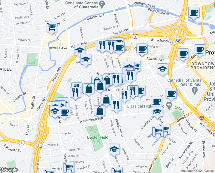 map of restaurants, bars, coffee shops, grocery stores, and more near 195 Knight Street in Providence