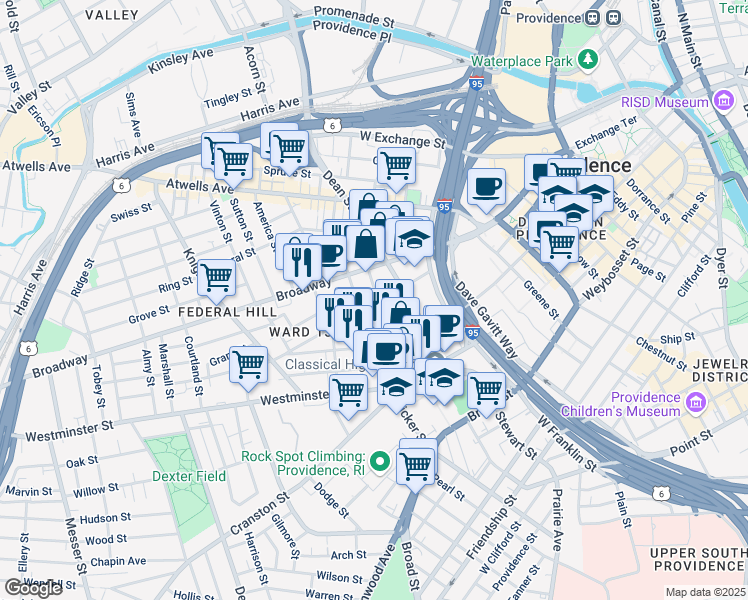 map of restaurants, bars, coffee shops, grocery stores, and more near 2 Ringgold Street in Providence